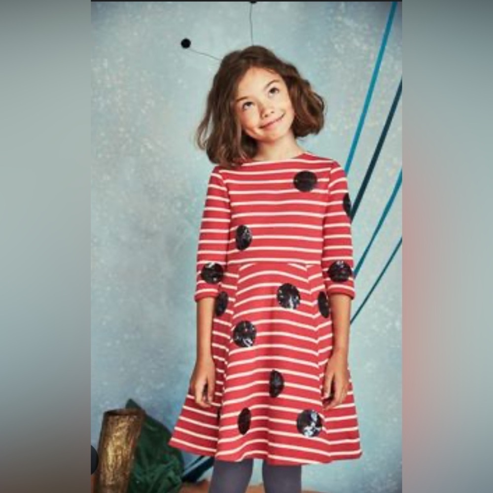 Mini Boden x Roald Dahl pink Red and White Striped Dress Sequin Dots james peach